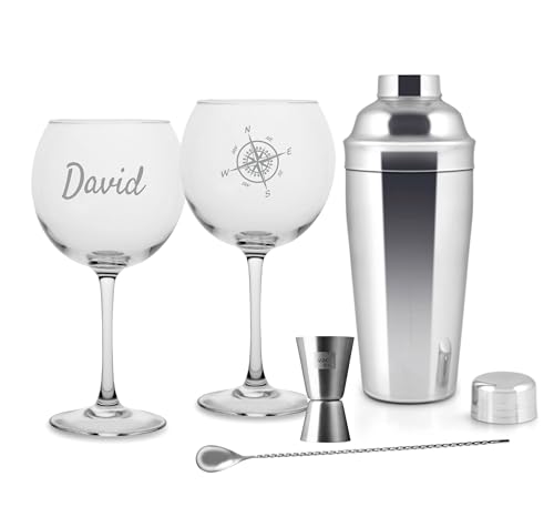 Set di Bicchieri da Gin Tonic personalizzati con Jigger, Shaker e bar spoon per barman. Calice da cocktail, inciso al laser, 580 ml, set personalizzabile con nome, iniziali e data (SET COCKTAIL)
