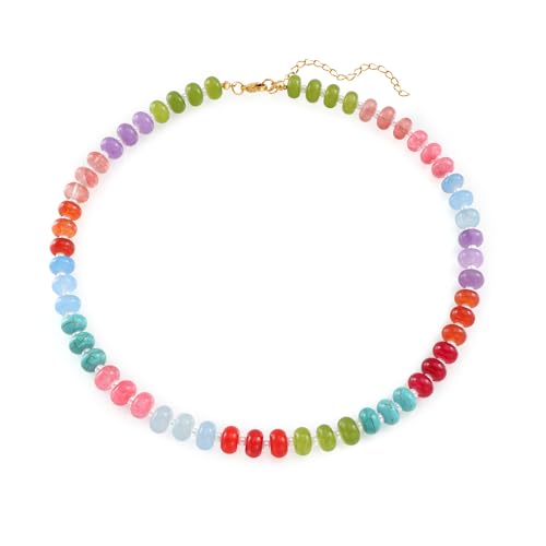 Bubble Beaded Necklaces for Women, Letter Boho Rainbow Colorful Natural Stone Summer Necklace for Women, Gold-Plated Initial Necklace