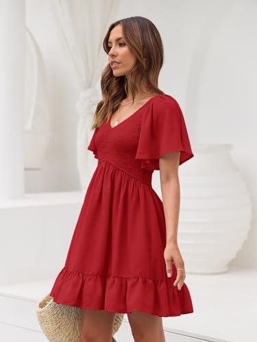 Image of LILLUSORY Women's Flowy Casual Mini Dresses 2026 Summer Graduation Smocked V Neck Vacation Dress Dress with Pockets