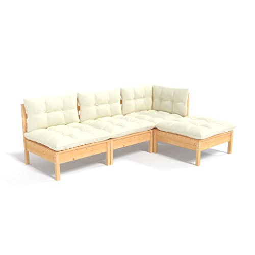 vidaXL Bois de Pin Massif Salon de Jardin 4 pcs avec Coussins Mobilier de Patio Meubles d'Extérieur Mobilier de Jardin Meubles de Terrasse Crème