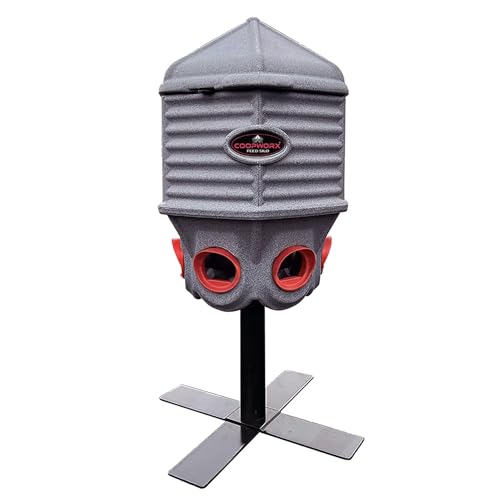 CoopWorx Feed Silo II 40 lb Capacity Rotomolded HDPE with UV-8 Stabilizer Aluminum Post Mount 6 Feed Ports Lockable Hinged Lid for Chicken Feed Storage