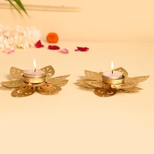 Image of Ascension Set of 2 Golden Lotus Floral Decorative Metal Diyas for Diwali Decor Tea Light Candle Holder for Diwali Decoration Beautiful Decor for Home Temple Festivel Gift for Housewarming