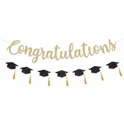 FHGG Congratulations Banner Graduation Decorations Class of 2026 Gold Glitter Congrats Grad with Tassel Party Decor College High School Party Favors Black NO DIY