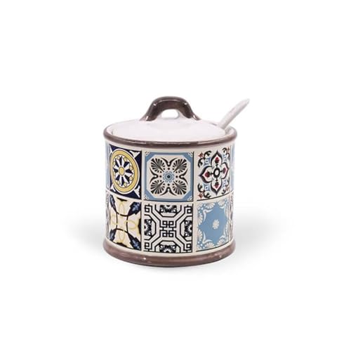Azucarero de cerámica 300 ml con cuchara Maestro Holiday in Oporto | Tarro decorativo estilo azulejos diseño elegante para café y té | accesorio de cocina premium hermético y refinado