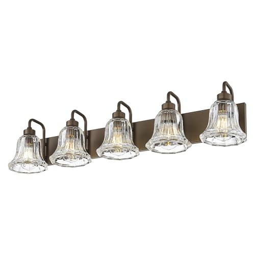 Image of zeyu 37.8 Inch Bronze Wall Sconce Lights, Bathroom Light Fixtures, 5-Light Vanity Wall Sconce Over Mirror, Oil Rubbed Bronze Finish with Clear Striped Glass, ZJX117B-5W ORB