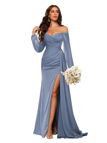 Off The Shoulder Satin Bridesmaid Dresses with Slit Long Sleeve Mermaid Prom Dress Formal Gowns for Women3