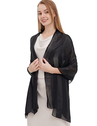 PANTONIGHT Women's Polyester Head Wrap Plain Metallic Evening Shawl Lightweight Wedding Shawl Satin Wraps for Party (Black 3302)