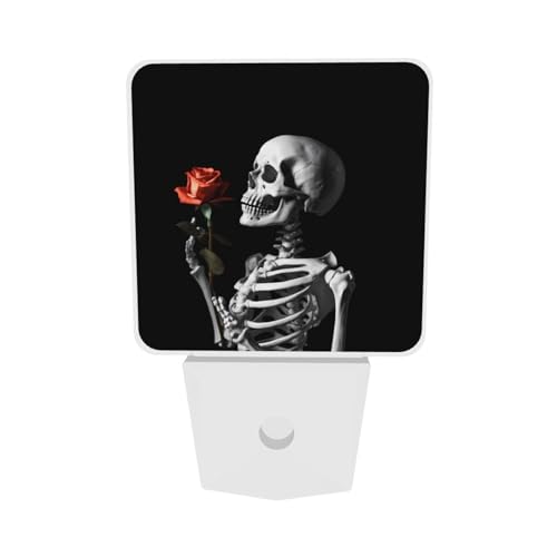 Image of Skull Skeleton Red Rose Night Light Set of 2, Rock and Roll Auto Sensor LED Dusk-to-Dawn Nightlights, Plug-in Sensor Lamp for Bedroom Bathroom Kitchen Hallway Stairs Decorative