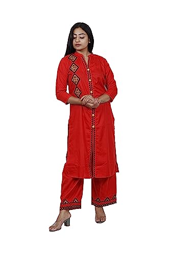 Image of Women's Slubby Kurti | Front Plaket with Emroidery and Buttons. Emroidery Work On Plazo | Straight Kurti and Pant | Round Collar Neck |Three Fourth Bell Sleeves