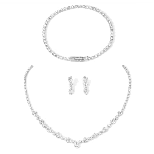 UZYXC Juego de Joyas Plata con Diamantes de Imitación, Conjunto Pulsera Collar Pendientes para Boda, Regalo para Madrina, Comunión, Pareja, Accesorio Fiesta Playa, Regalo Novia, Madre, Amiga