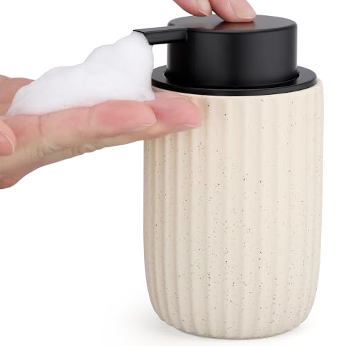 Segbeauty Distributeur Shampoing, 320ml Distributeur Savon Mousse, Flacon Pompe Beige en Céramique, Flacon Mousseur Vide pour Salle de Bain et Cuisine