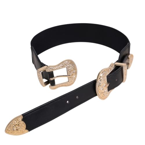 Image of Womens Belt Chain Leather Belts Vintage Western Adjustable Elastic Double Buckle for Cowboy Pant Dress