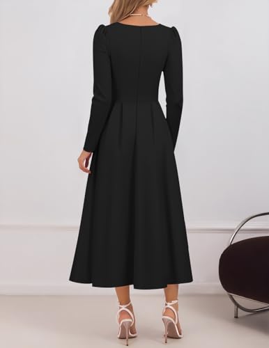 ZESICA Women's Long Sleeve Midi Dresses 2025 Fall Elegant Crewneck Swing A Line Wedding Guest Party Dress with Pockets3