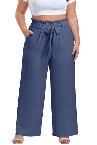 Image of OLRIK Women's Plus Size Pants Adjustable High Waisted Wide Leg Palazzo Pants Casual Trousers with Pockets Spring Clothes