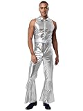 MSemis Herren Retro Bodysuit Glänzendes Metallic-Disko 70er Jumpsuit Ärmellos Disco Overall mit Ausgestellter Hose Tanz Anzug Festival Party Outfit A Silber XL
