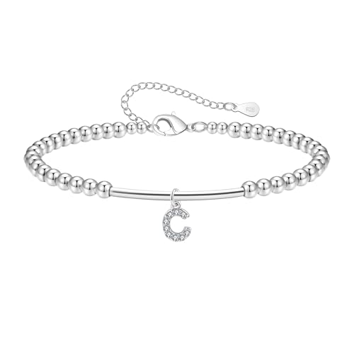 Hcvone Silver Bracelet For Women Girls 925 Silver Initial Letter Bracelets With Cubic Zirconia For Daughter Mum Sister Friends (C)