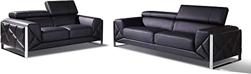 Blackjack Furniture Gianni Top Grain Italian Leather Set with 9-Position Adjustable Headrests, Contemporary Geometric Pattern, Chrome Hardware & Durable Hardwood Frame Loveseat, Sofa, Jet Black
