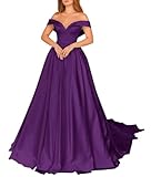 KSIISAI A Line Off Shoulder Wedding Dresses for Bride with Pockets Satin Long Bridal Gowns for Women with Sweep Train Purple