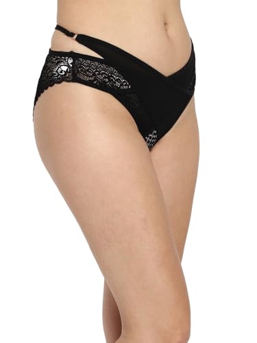 Image of Clovia Women's Lace Mid Waist Bikini Panty with Criss-Cross Tie-Up in Black