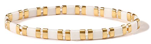 Badu 2Pcs Hematite Bracelet for Women, Fashion Stretch Bracelets, Promise Bracelet for Couples, Multicolor Bracelets (Gold - White)