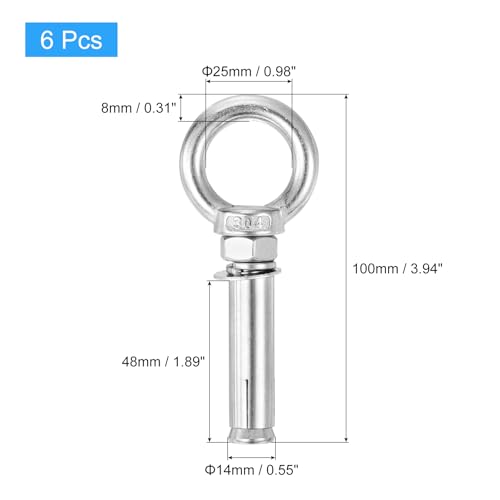 Image of uxcell Ring Lifting Expansion Eyebolt, 6pcs M10x70mm 304 Stainless Steel Expansion Screw with Eye Ring for Concrete Brick Wall