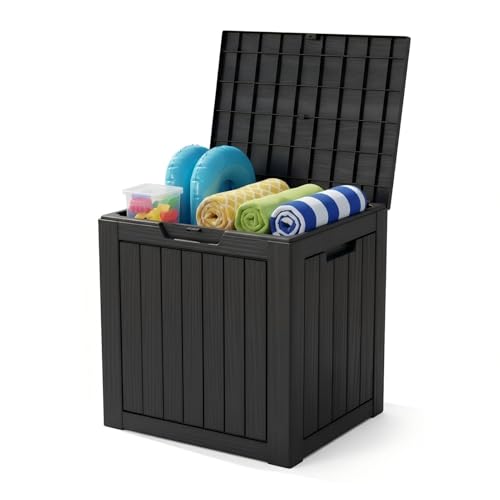 Image of 30 Gallon Resin Deck Box with Lockable Lid - Outdoor Waterproof Storage for Patio Furniture, Garden Tools, Cushions & Pool Accessories, Wood Grain Design, All-Weather Durable (Black, 1 Pack)