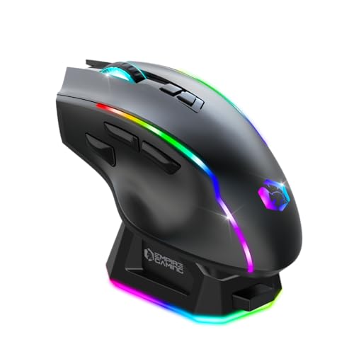 Empire Gaming RF908   Ratón inalámbrico recargable con estación de carga magnética RGB – 10000 DPI 8 botones programables modos WiFi 2.4 GHz, BT/cable vía USB C (negro)