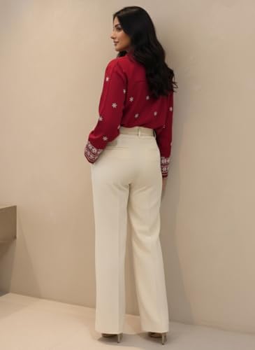 Image of Women Rayon Embroidered Shirt - Long Sleeve Button Down Top with Floral Embroidery, Casual Office Wear Blouse(Maroon)