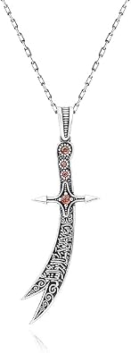 925 Sterling Silver Arabic Zulfiqars Sharp Sword imam Alis Big Brave None Written Cubic Red Zircon Stone Flamboyant Mens Pendant Necklace Gift