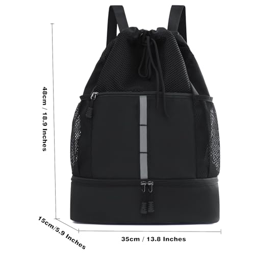 Drawstring Backpack Bag, Waterproof Sports Gym Bag with Shoes Compartment and Wet Proof Pocket, Water Bottle Holder Pockets, Mesh Cinch String Backpack for Sports, Swimming, Men Women (Black)2