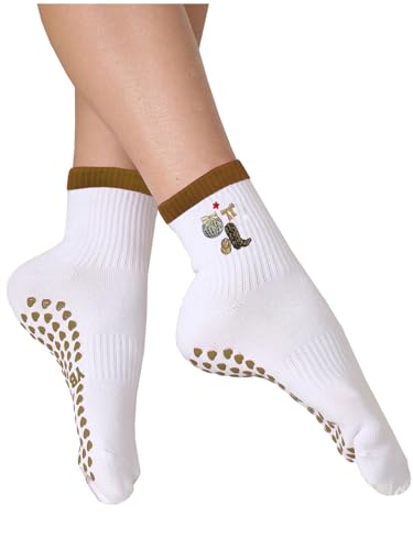 Women's Cute Grip Pilates Socks Non-Slip Crew Yoga Barre Socks with Colored cuff & Embroidery
