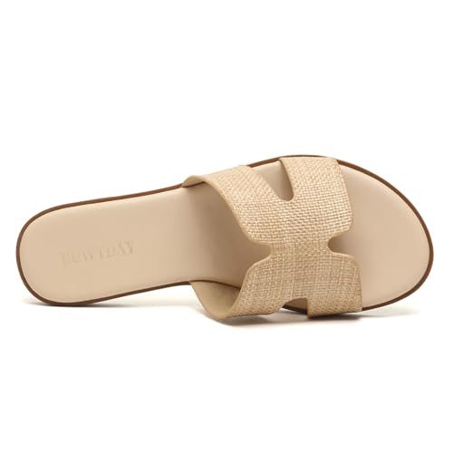 Image of Womens Flat Sandals Dressy Summer Slides Comfortable Casual Open Toe Vacation Sandals Slip On Slides Leather Sandals for Women