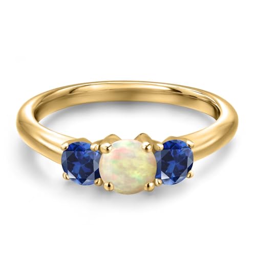 18K Yellow Gold Plated Silver White Ethiopian Opal and Blue Created Sapphire Engagement Ring For Women | 0.80 Cttw | Round Cabochon 5MM | Gemstone October Birthstone | Available in Size 5,6,7,8,93