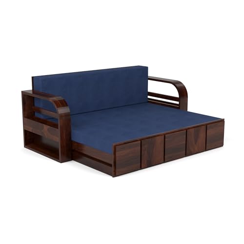 Image of Mamta Furniture Sheesham Wood Sofa Cum Bed with Storage for Living Room Bedroom | Wooden Diwan Sofa Set with Navy Blue Mattress | Solid Wood Sofa Bed in Walnut Finish
