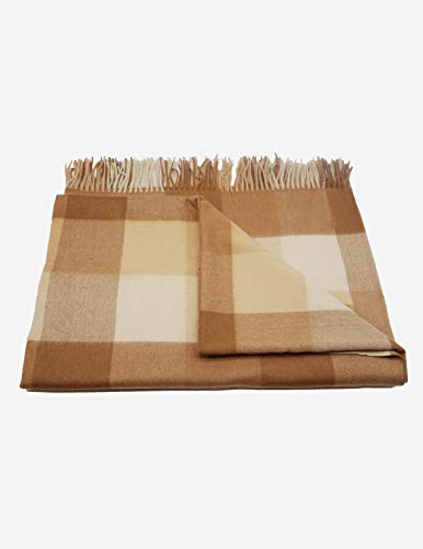 State Cashmere Plaid Throw Blanket With Decorative Fringe - Ultra Soft Multicolor Accent Blanket For Couch, Sofa & Bed Made With 100% Inner Mongolian Cashmere - (Light Brown/Cammello/Beige, 60"X54") #TOP3