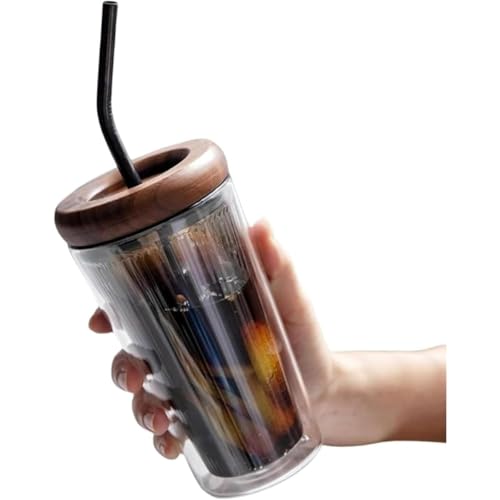Drvruro タンブラーグラス 真空断熱 二重構造グラス 蓋付き 400-500ml 耐熱ガラス ストロー付き 二層コップ 木製のカップの蓋 耐冷 透明 ストロー コップ 就職祝い 誕生日 贈り物 電子レンジ対応