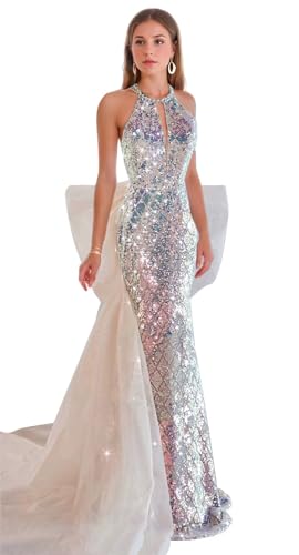 Luxury Sequins Mermaid Prom Dresses for Women 2024 with Detachable Bow Train Evening Gown Formal