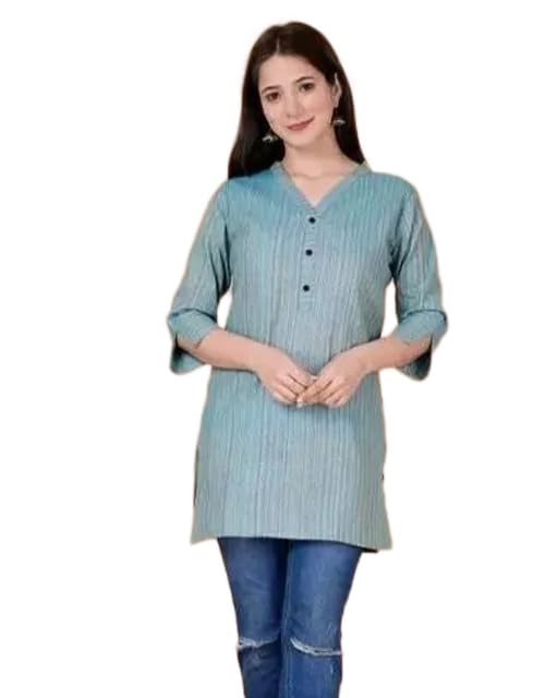 KB CREATION Striped Printed Solid Women's V- Neck Front Button Work Cotton Comfortable Kurti (Green)