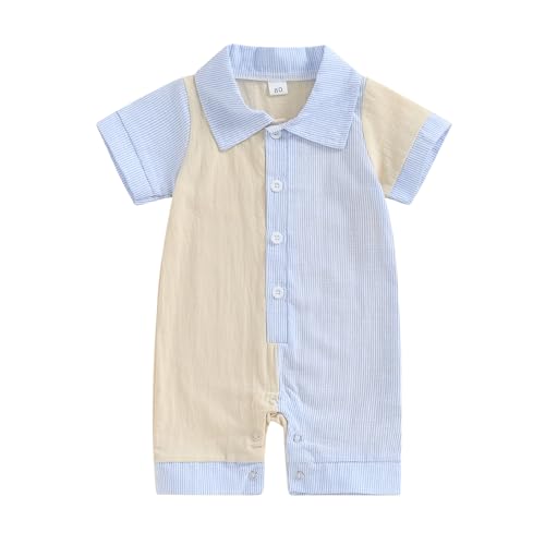Image of niceclould Baby Boy Vertical Striped Romper with Pockets One Piece Lapel Neck Short Sleeve Buttons Jumpsuit Spring Summer