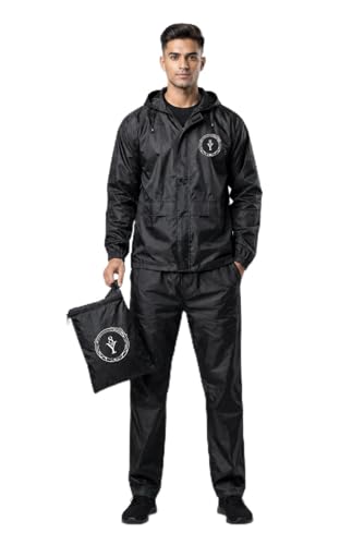 Image of Men Solid Black Waterproof Raincoat Set with Hood | Nylon Blend Jacket and Pants for Rainy Days | Regular Fit