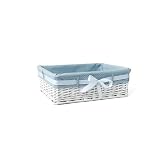 WoodLuv Large Rectangular Willow Wicker Gift Hamper Storage Basket with Blue Lining and Ribbon, White