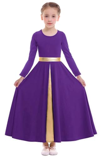 Z&X Girl's Praise Dance Full Length Wide Swing Long Sleeve Liturgical Worship Church Lyrical Dancewear Robe Skirt Dress, 08 Purple, Tag 160