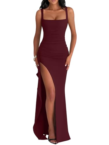 LAGSHIAN Women's Elegant Square Neck Sleeveless Bodycon High Split Ruched