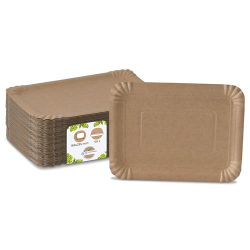 Biozoyg Plato De Papel Cuadrado 50 Piezas I Plato Desechable De Cartón Dúplex I Plato De Aperitivo Biodegradable De Color Natural I Tazón De Papas Fritas 16 X 23 Cm Rectangular