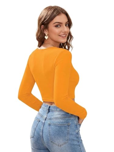 Image of LONDON BELLY Women's Polyester Crop Top with V Neck Full Sleeves Solid Pattern Regular Fit and Crop Length | Crop Tops for Woman | Women Chic Everyday Wear Top