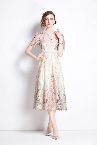 Image of LAI MENG FIVE CATS Women's Lace Floral Short Sleeve Crochet Waist Cocktail Midi Dress
