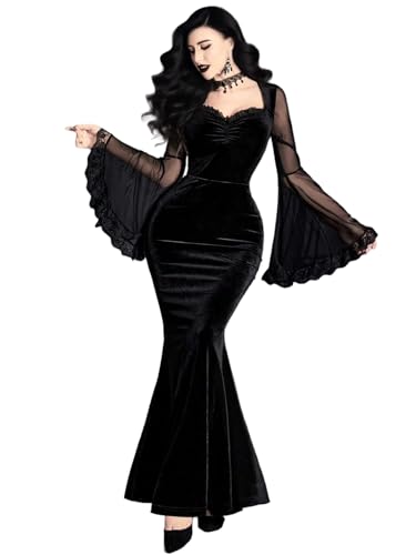 GothDark Womens Goth Dress Black Velvet Mermaid Mesh Bell Sleeve Lace Trim Sexy Vintage Party Wedding Dresses