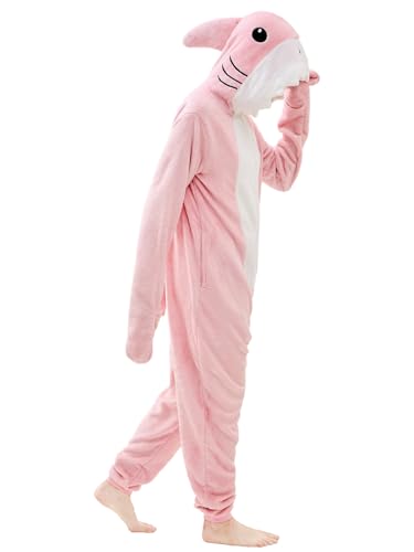 JUOLOET Unisex Adult Onesie Pajamas Shark Animal One Piece Snug Fit Halloween Costume Sleepwear Homewear Pink Shark X-Large