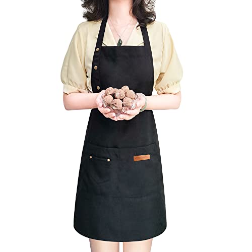 LOYGLIF Apron for Men Women with Adjustable Straps and Large Pockets Canvas Cotton Cooking Kitchen Chef Bib Aprons Waterproof Black