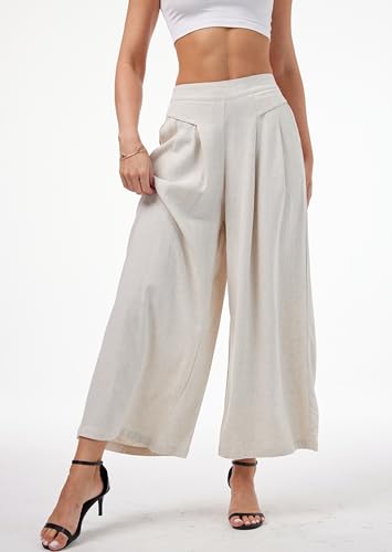 heipeiwa Women' s Culottes Linen Pants Summer Casual Flowy Beach Cotton Linen Wide Leg Palazzo Pants3
